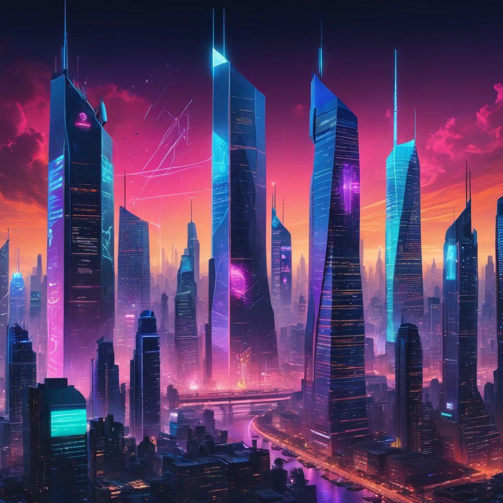 A futuristic cityscape bustling with advanced technology, showcasing digital screens displaying analytics and evaluations. Cosexi Software’s logo prominently featured on a skyscraper, surrounded by diverse professionals collaborating in formless holograms. The skyline is illuminated with neon lights symbolizing innovation, while drones and connected devices move throughout the scene. The atmosphere is vibrant and dynamic, representing progress and transformation. cyberpunk. vibrant colors. super-realistic.