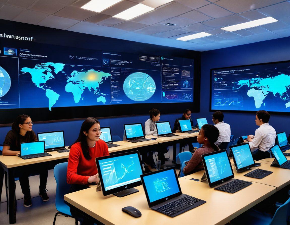 A futuristic classroom scene showcasing diverse students engaged with innovative assessment tools like tablets and interactive screens, all connected through a seamless web-based solution. Bright colors and engaging visuals highlight the collaborative atmosphere, while elements of technology like graphs, charts, and digital interfaces pop in the background. Emphasize creativity and modernity in the design to capture the essence of e-learning advancement. vibrant colors. digital art.