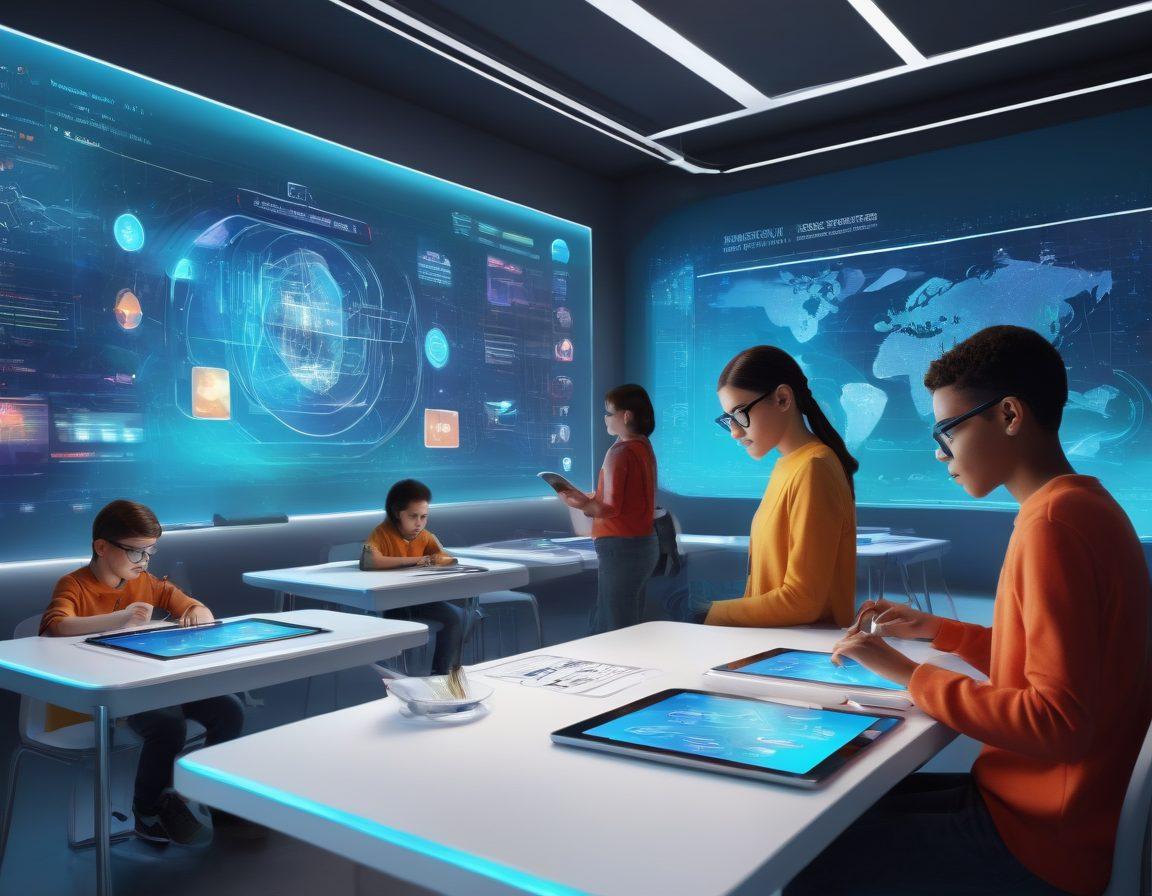 A futuristic classroom setting showcasing diverse students engaging with advanced online testing technology using tablets and holographic interfaces. Emphasize elements of innovation, collaboration, and accessibility with bright, inspiring colors and dynamic graphics such as digital charts and prompts floating around. Include a light and airy atmosphere to highlight progressiveness. super-realistic. vibrant colors. 3D.